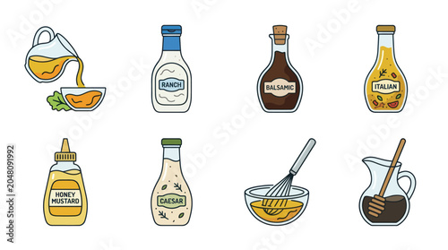 Fotografie Salad dressing ingredients and condiment bottles vector set.