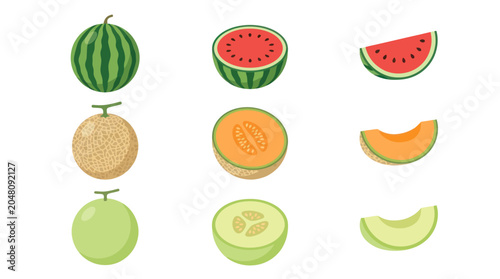 Tableau sur toile Watermelon cantaloupe and honeydew melon slices set.