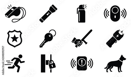 Принти на полотні Security and law enforcement flat black vector icon set with siren, shield, flas