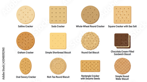 Fotografie Labeled varieties of crackers and biscuits icon set.