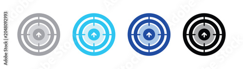 Blue target icon with a central upward arrow achievement progress illustration minimalist business strategy marketing performance development improvement accuracy bullseye pictogram