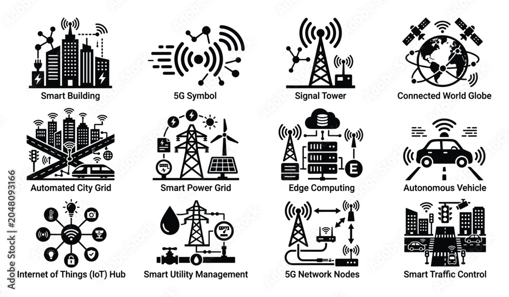 Fototapeta premium Smart city infrastructure and connected technology flat black vector icon set with digital buildings, data flow and automation symbols for future urban systems