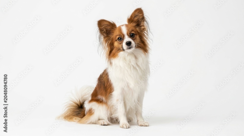 Fototapeta premium Beautiful Papillon Dog Sitting Isolated on White Background. Studio Portrait of a Cute Purebred Toy Spaniel Pet.