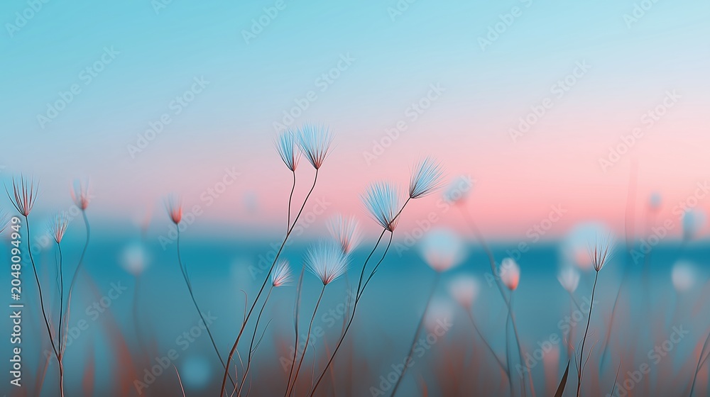 Fototapeta premium Tranquil Ethereal Nature Scene with Delicate Plants in Pastel Sunset Glow