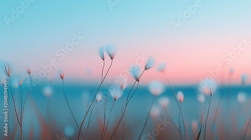 Tranquil Ethereal Nature Scene with Delicate Plants in Pastel Sunset Glow