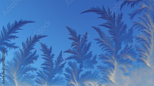Intricate Frost Patterns and Ice Crystals on Blue Background
