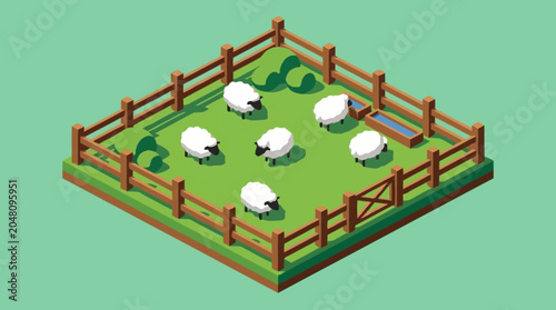 Isometric illustration of sheep in fenced pasture.