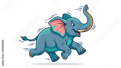 Fotografie Happy Cartoon Elephant Running with Trunk Raised, Joyful Animal Illustration