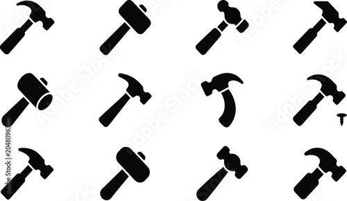 Konstfotografi Hammer Silhouette Icon Set Vector Collection Multiple Types Angles for Construc