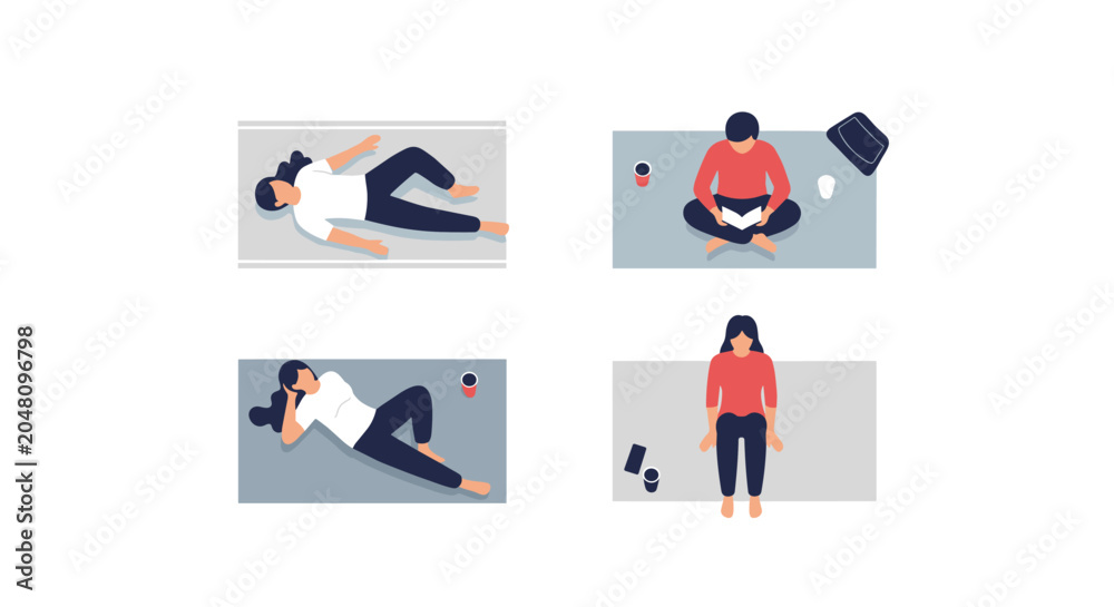 Fototapeta premium Four stylized people in different relaxing poses, top-down view, casual outfits, simple flat design, perfect for lifestyle concepts or