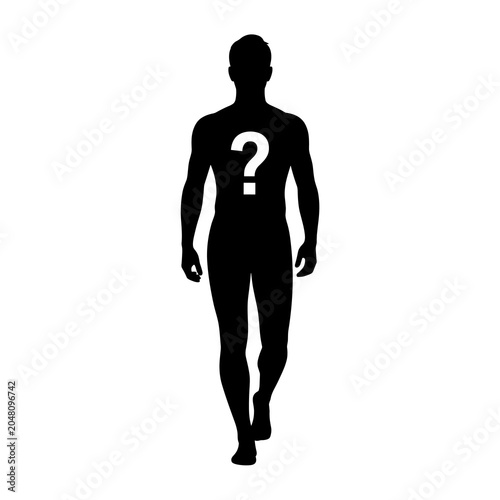 Silhouette of a person walking with a question mark on chest, representing mystery, unknown, or curiosity, isolated on white