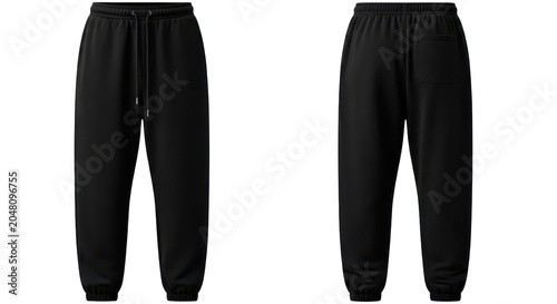 Front and back view of black jogger sweatpants with drawstring waistband elastic cuffs
