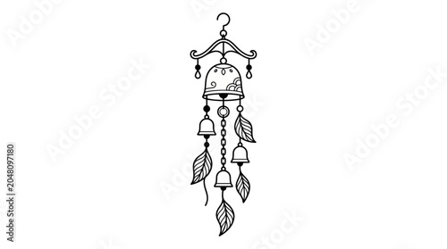 Bild auf Leinwand Bohemian Wind Chime with Bells and Leaves - Hand Drawn Vector Illustration