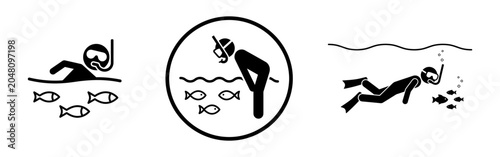 Foto Vector illustrations showing people swimming and snorkeling with fish in aquatic