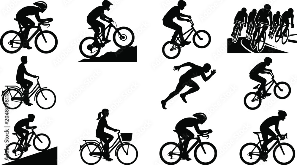 Naklejka premium Cyclist Bicycle Rider Silhouette Set Road Mountain Bike Racing Triathlon Sport Activity Collection Isolated on White Background