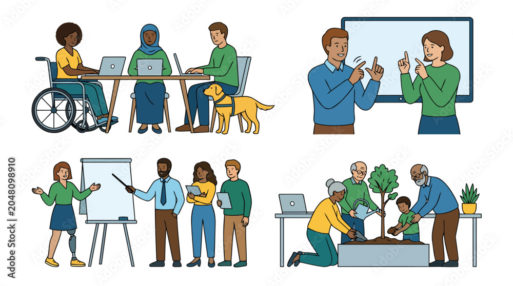 Fototapeta premium Remote work and inclusive collaboration with diverse team using laptops and sign language communication