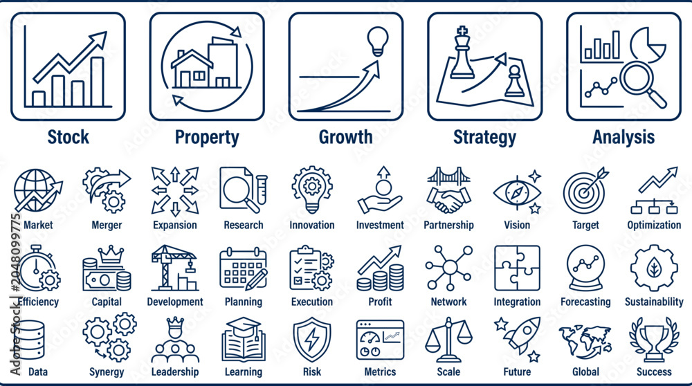 Naklejka premium Line icons for business and finance market trends, strategic planning, growth, and corporate analysis concepts