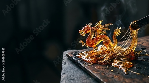 Golden dragon sculpture being crafted from molten sugar or caramel