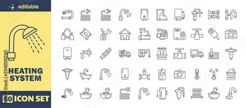 Foto Heating System Line Icon Set – Plumbing, Water Heater, Shower, Pipe, HVAC and Ma