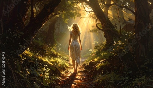 A woman in a white dress walks along a sunlit forest path. The light filters through the trees, illuminating the woods