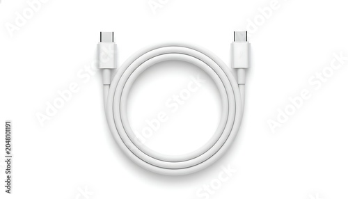 White Usb C Cable Coiled in Circle on White Background