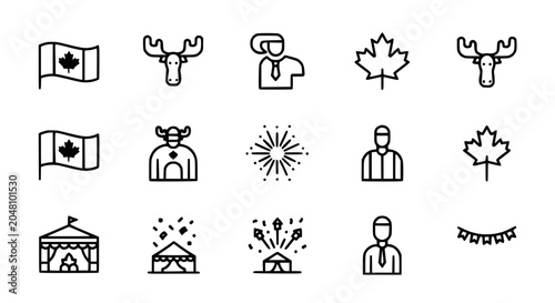 Foto Canada Day Icons: Maple Leaf, Flag, Moose, Fireworks, People, Tent, Bunting
