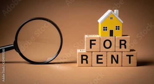 House for Rent Search with Magnifying Glass on Wooden Blocks Background