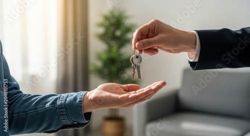 Handing over house keys in a living room