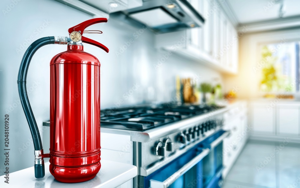 Obraz premium Bright Red Fire Extinguisher Mounted Beside Modern Kitchen Stove with Natural Light Streaming In
