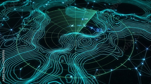 Abstract digital terrain data visualization glowing topographic lines