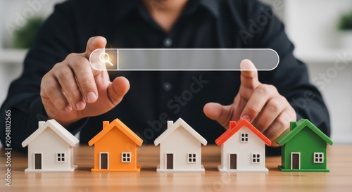 Man's hands holding magnifying glass over miniature houses