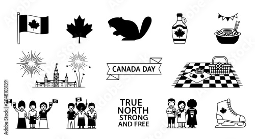 Schilderij op canvas Canada Day Icons: Maple Leaf, Flag, Beaver, Fireworks, Parliament, Picnic, Peopl