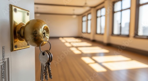 Golden vintage doorknob with keys on wooden door in sunlit hallway with warm natural light