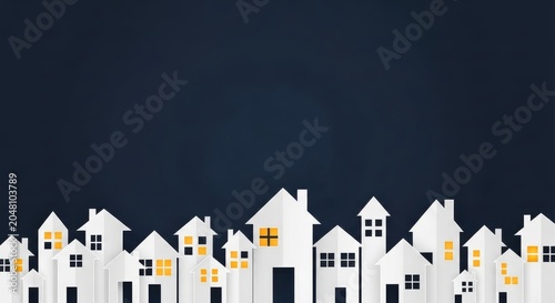 Top-down illustration of white houses with yellow windows on dark background
