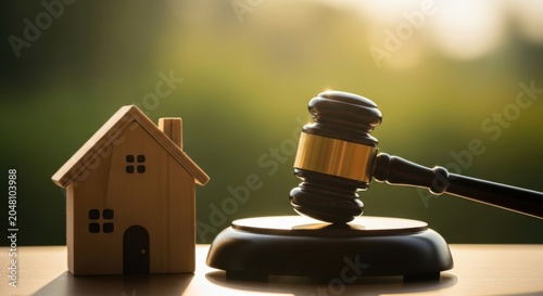 Miniature house with judge's gavel on desk in courtroom setting