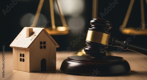 Real Estate Law Concept with Miniature House and Gavel on Wooden Desk in Warm Light