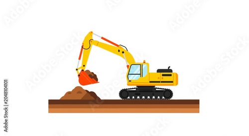 Bild auf Leinwand Yellow Excavator Digging Dirt, Construction Machine, Earthmover