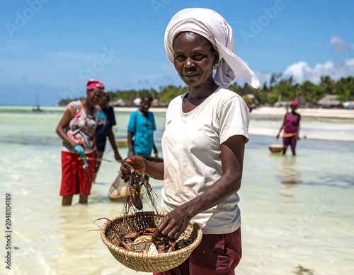 A woman in a white headscarf and shirt holds a basket of crabs in shallow water, other women behind her