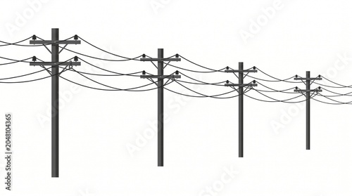 Row of utility poles with power lines against a white background Vector