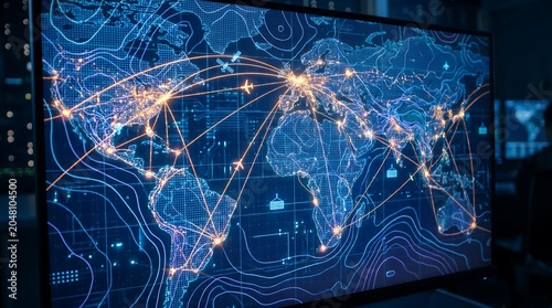 Abstract aviation background with glowing orange flight routes over grid