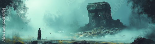 Robed figure before ancient ruins in a misty forest