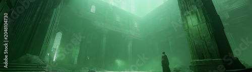 Lone figure in mysterious ruins lit by green glow