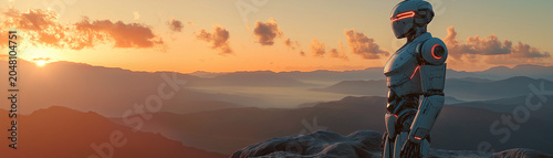 Armored android gazing over misty mountains at dusk