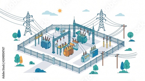 Electrical substation with transformers and power lines isometric illustration Vector