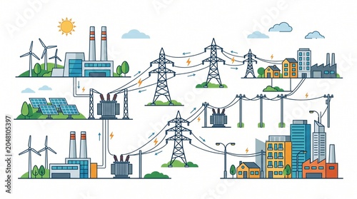 Electricity grid illustration showing power generation and distribution to urban areas Vector