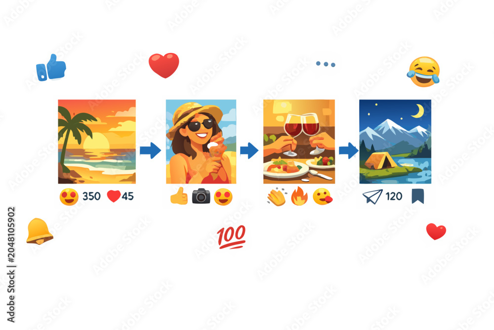 Fototapeta premium Social media travel photo carousel with vacation posts, likes, comments, reactions and arrows, vector illustration isolated on transparent background