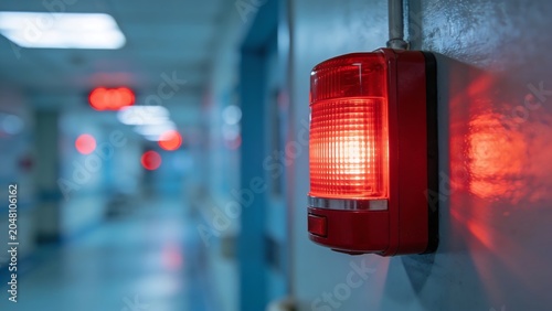 A fire alarm strobe light flashing urgently on a wall in a commercial building during an evacuation emergency indicating warning safety alert and danger situation
