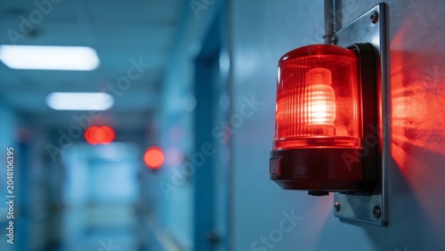 A fire alarm strobe light flashing urgently on a wall in a commercial building during an evacuation emergency indicating warning safety alert and danger situation