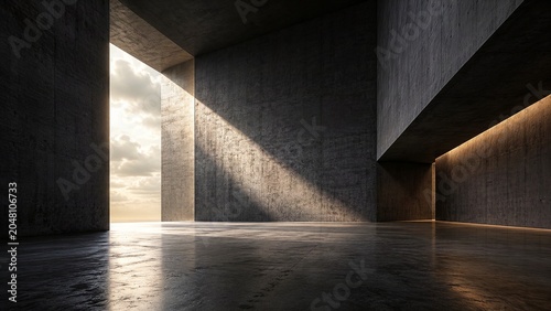 Monumental Concrete Architectural Interior with Dramatic Natural Light and Luxury Minimalist Design