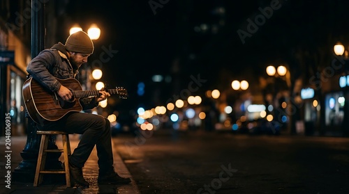 Street musician playing acoustic guitar on a city sidewalk at night